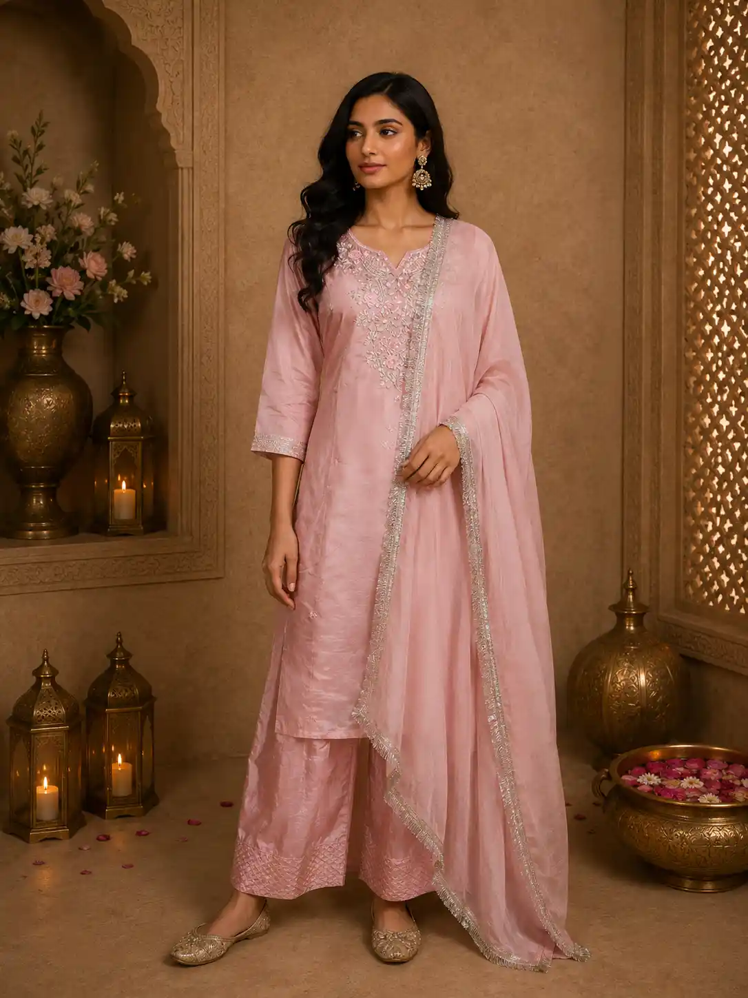 Blush Pink Floral Embroidered Design Tissue Silk Palazzo Suit with Dupatta